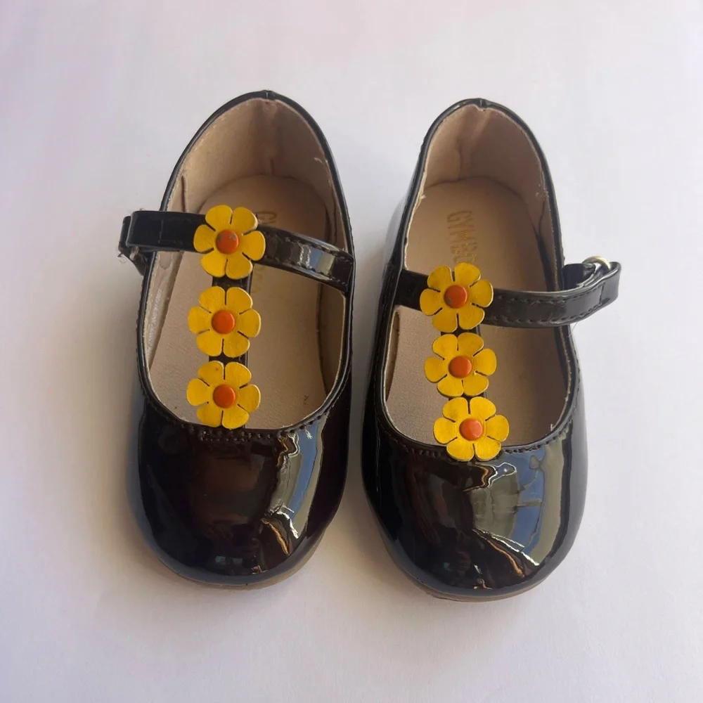 Gymboree Girls' Black Patent Leather Shoes with Yellow Flower Accents